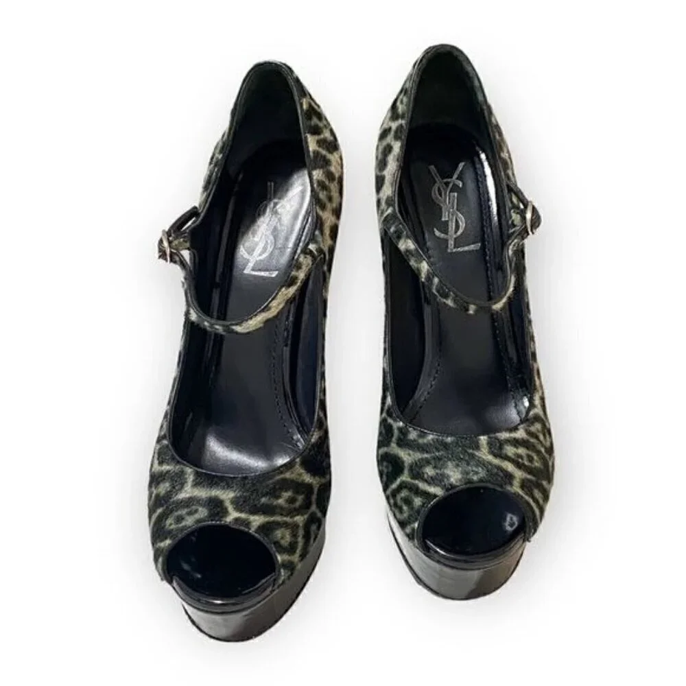 YSL Yves Saint Laurent Tribute Too 105 Mary Jane Peep Toe Pumps, Pony Leopard